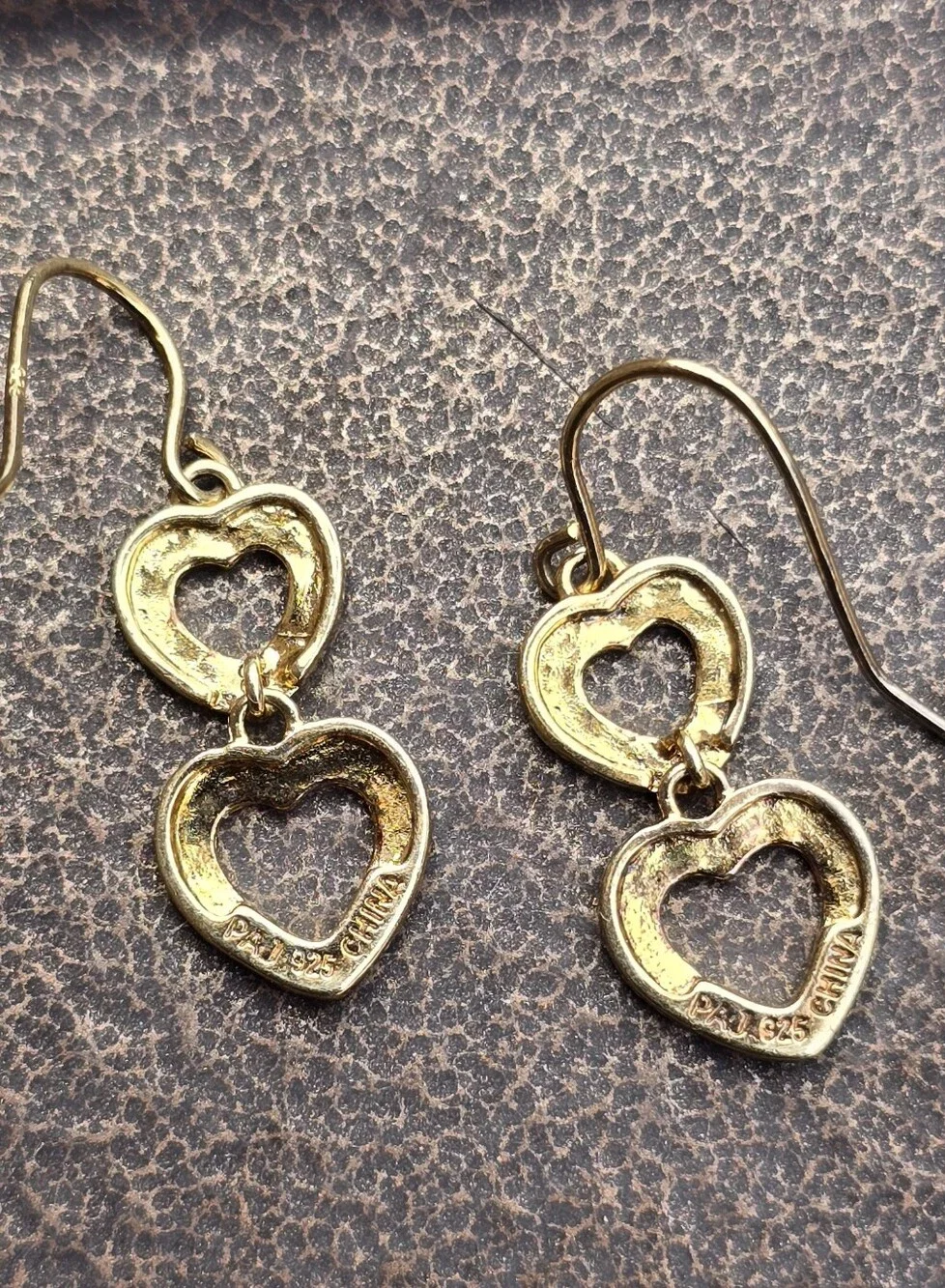 Fancy genuine diamond 925 sterling silver gold vermeil double heart dangle earri